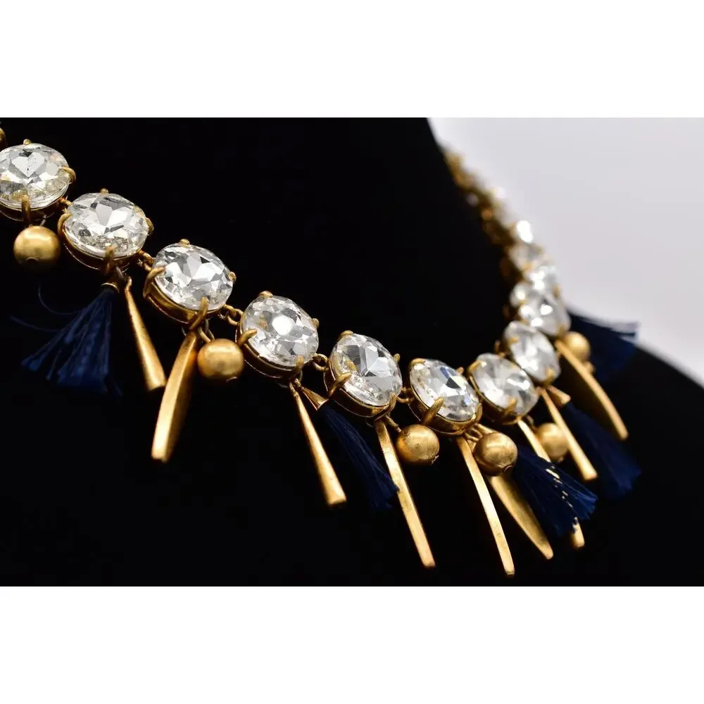 Ann Taylor Vintage Crystal Collar Necklace Dangle Navy Brushed Gold Chunky BinBL
